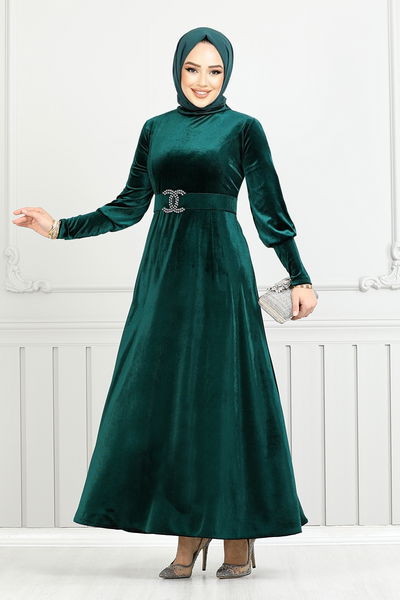 MRV E.F.Y. - Riemen Stein Samt Abendkleid 3067EFY931-M Smaragde