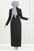 Rose Details Stylish Kleid 0401ALG1079-M Schwarz - Thumbnail
