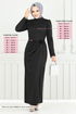 Rose Details Stylish Kleid 0401ALG1079-M Schwarz - Thumbnail