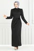 Rose Details Stylish Kleid 0401ALG1079-M Schwarz - Thumbnail