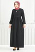 Schlagzeile Reifen Hijab Kleid 22034UKB929-M Schwarz - Thumbnail