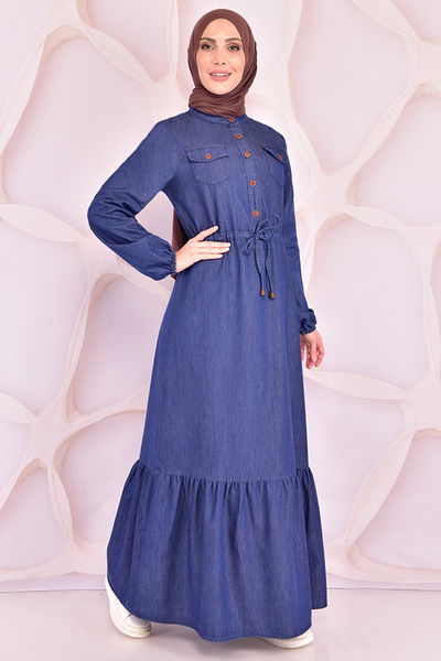 Org - Schnürsenkel Details Jeans Kleid Dunkel Blau ORG6718