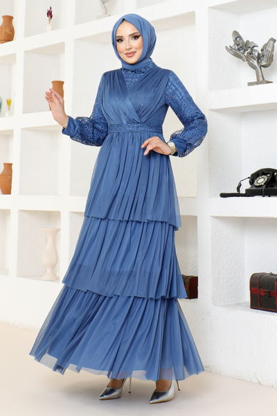 MDY - Schnürsenkel Tüll Abendkleid MDY4918 Indigo