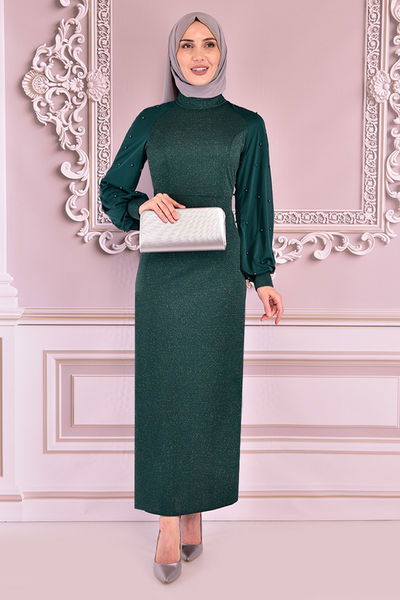 ASM - Silbrig Perle Details Abendkleid Smaragde ASM2470