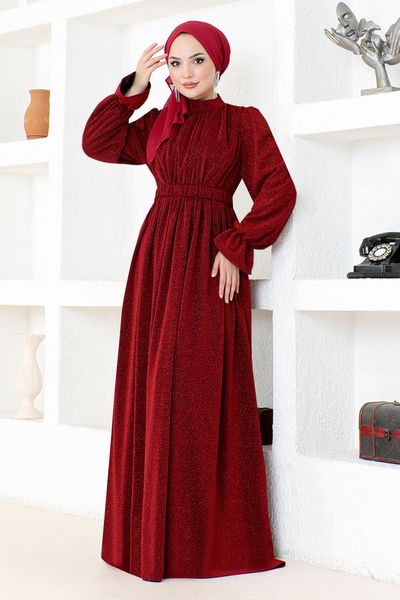 DMN - Silbrig Tüll Abendkleid DMN4551 Bordeaux