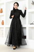 Silbrig Tüll Abendkleid END5592 Schwarz - Thumbnail