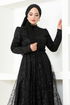 Silbrig Tüll Abendkleid END5592 Schwarz - Thumbnail