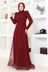 Silbrig Tüll Abendkleid MDY4934 Bordeaux - Thumbnail