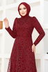 Silbrig Tüll Abendkleid MDY4934 Bordeaux - Thumbnail