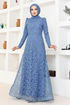 Silbrig Tüll Abendkleid MDY4934 Indigo - Thumbnail