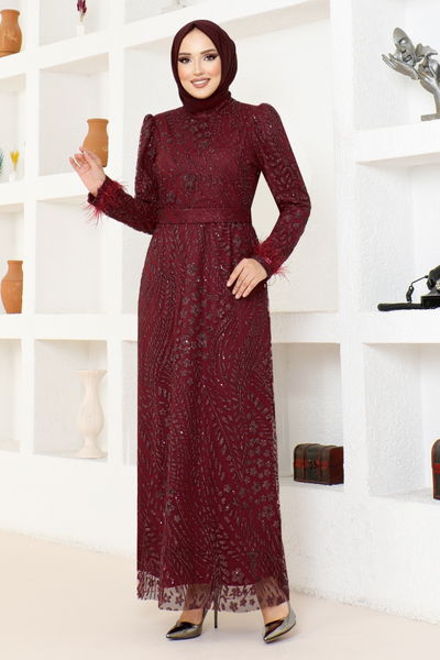 YGS - Silvery Tulle Evening dress YGS6569 Burgundy