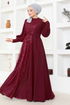 Sim Detailed Tulle Evening dress ASM2703 Burgundy - Thumbnail