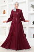 Sim Detailed Tulle Evening dress ASM2703 Burgundy - Thumbnail