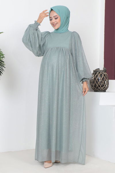 Modamihram - Simli Şifon Hamile Abiye Mint MİH18201