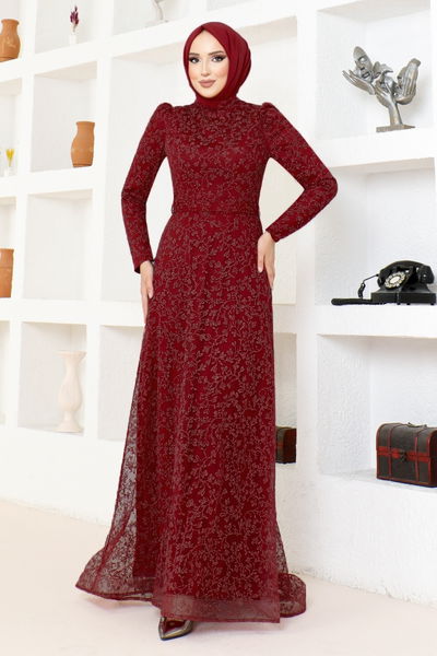MDY - Simli Tül Abiye MDY4934 Bordo