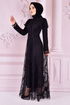 Spitze Abendkleid Schwarz NEV14907 - Thumbnail