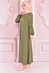 Spitze Detail Kleid Khaki ORG6710 - Thumbnail