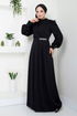 Stein Detail Hijab Abendkleid 271DVL897-M Schwarz - Thumbnail