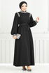 Stein Detail Hijab Abendkleid 5656END900-M Schwarz - Thumbnail