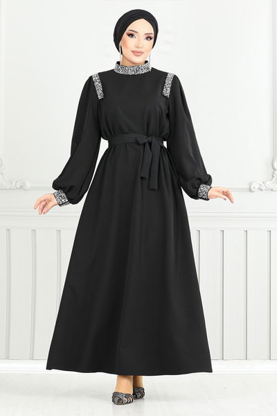 MRV E.N.D. - Stein Detail Hijab Abendkleid 5656END900-M Schwarz