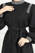 Stein Detail Hijab Abendkleid 5656END900-M Schwarz - Thumbnail