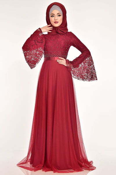 ASM - Stein Detaillierte Spitze Abendkleider Kleid Burgund ASM39200