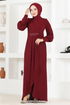 Stone Detail Evening dress Burgundy ASM2569 - Thumbnail