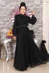 Stone Detailed Chiffon Evening dress Black MIH19109 - Thumbnail