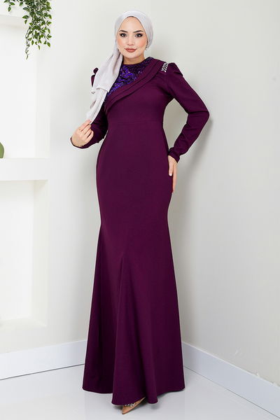 ASM - Stone Detailed Evening dress ASM2708 Damson