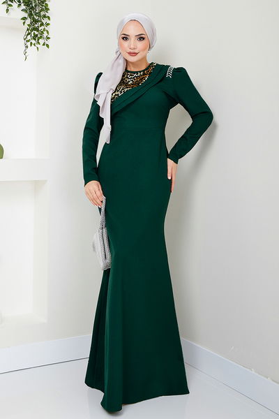 ASM - Stone Detailed Evening dress ASM2708 Emerald