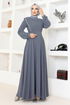 Stone Detailed Evening dress EMO6145 Grey - Thumbnail