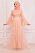 Stone Detailed Lace Dress Dress Salmon ASM2167 - Thumbnail