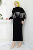 Striped Hijab Dress 9014UZ1029-M Black - Thumbnail