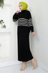 Striped Hijab Dress 9014UZ1029-M Black - Thumbnail