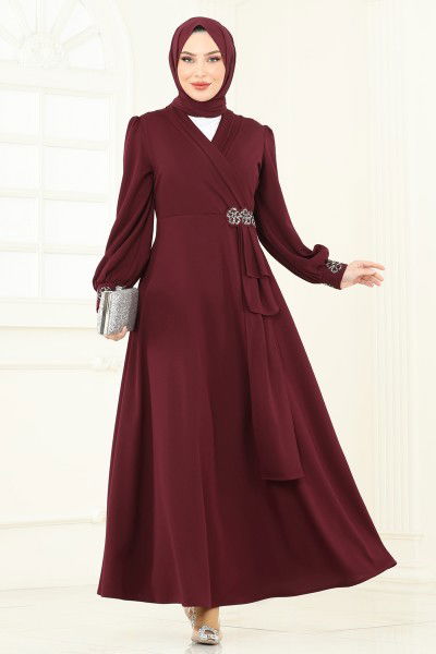 A.S.M. - Taş Detay Abiye Elbise ASM2804-MS Bordo