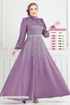 Taş Detay Saten Abiye 5675EDF311-MS Koyu Lila - Thumbnail
