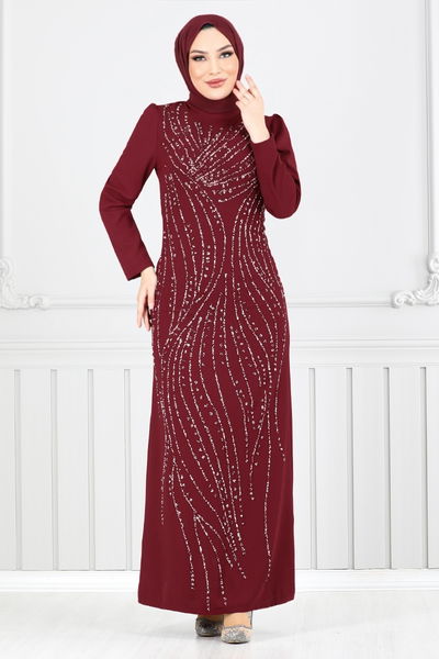 MRV M.D.H. - Taş Detaylı Abiye Elbise 4408MDH1093-M Bordo