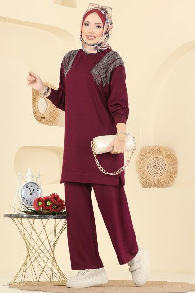 U.Z. - Taş Detaylı İkili Takım 3464UZ662-MS Mürdüm