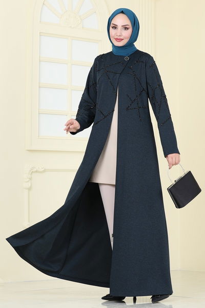 E.D.M. - Taş Detaylı Şık Pardesü Ferace 2263EDM718-MS Petrol - 385242