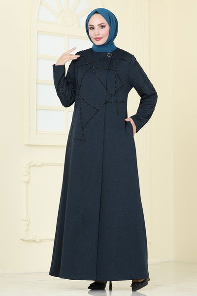 E.D.M. - Taş Detaylı Şık Pardesü Ferace 2263EDM718-MS Petrol - 385243