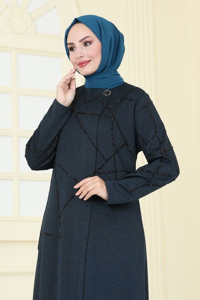 E.D.M. - Taş Detaylı Şık Pardesü Ferace 2263EDM718-MS Petrol - 385244