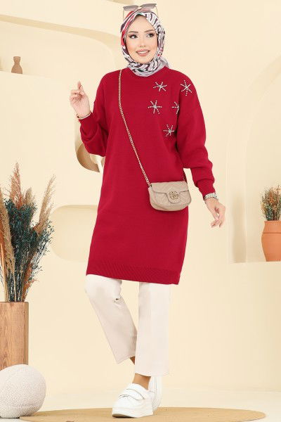 A.Y.D. - Taş Detaylı Triko Tunik 2717AYD574-MS Kırmızı