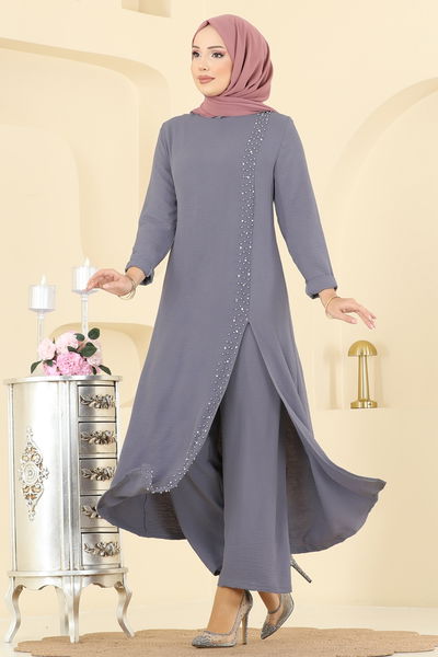 P.L. - Taş Detaylı Yırtmaçlı Takım PL9175-MS Antrasit - 409898