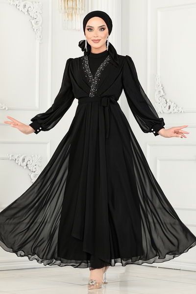 A.B. - Taş İşlemeli Şifon Abiye 5408AB368-MS Siyah - 366051