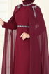 Taşlı Pelerinli Şifon Abiye 8073AB368-MS Bordo - Thumbnail