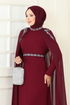 Taşlı Pelerinli Şifon Abiye 8073AB368-MS Bordo - Thumbnail