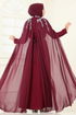 Taşlı Pelerinli Şifon Abiye 8073AB368-MS Bordo - Thumbnail