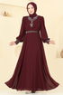 Taşlı Şifon Tesettür Abiye 7084ABK1075-MS Bordo - Thumbnail