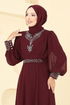 Taşlı Şifon Tesettür Abiye 7084ABK1075-MS Bordo - Thumbnail