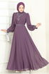 Taşlı Şifon Tesettür Abiye 7084ABK1075-MS Koyu Lila - Thumbnail